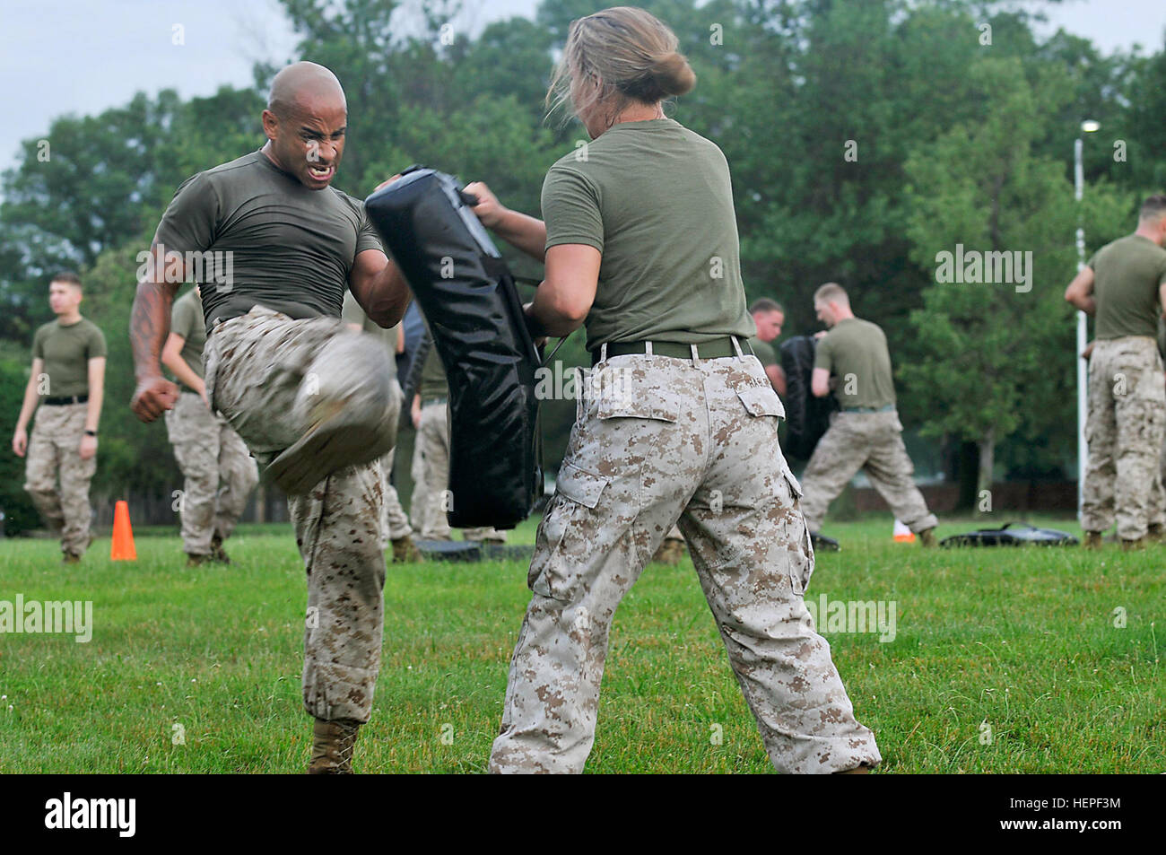Marine 1st Sgt. Willy D. Carrion delivers a kick to Marine Staff Sgt. Stevie C. Hagler during a Headquarters and Service Battalion, Headquarters Marine Corps, Henderson Hall martial arts training exercise devoted to Medal of Honor recipient Marine Cpl. William “Kyle” Carpenter on the Fort Myer portion of Joint Base Myer-Henderson Hall the morning of June 15. (Joint Base Myer-Henderson Hall PAO photo by Jim Dresbach) Marines withstand stringent PT exercise to recognize MOH recipient 150615-A-DZ999-740 Stock Photo