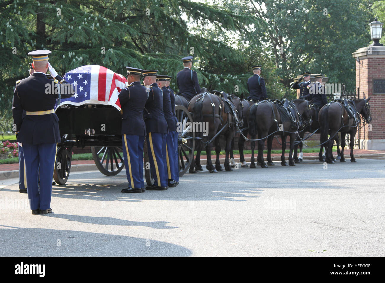 Soldiers of the Honor Guard raise the casket of Army Reserve Lt. Col. Todd Douglas Thomson onto the horse drawn carriage at Arlington National Cemetery, Va., July 1, 2015. Approximately 26 funerals occur each day at Arlington. (U.S. Army photo by Staff Sgt. Kai L. Jensen, 76th Operational Response Command) Husband, father, Soldier laid to rest at Arlington 150701-A-AM439-027 Stock Photo