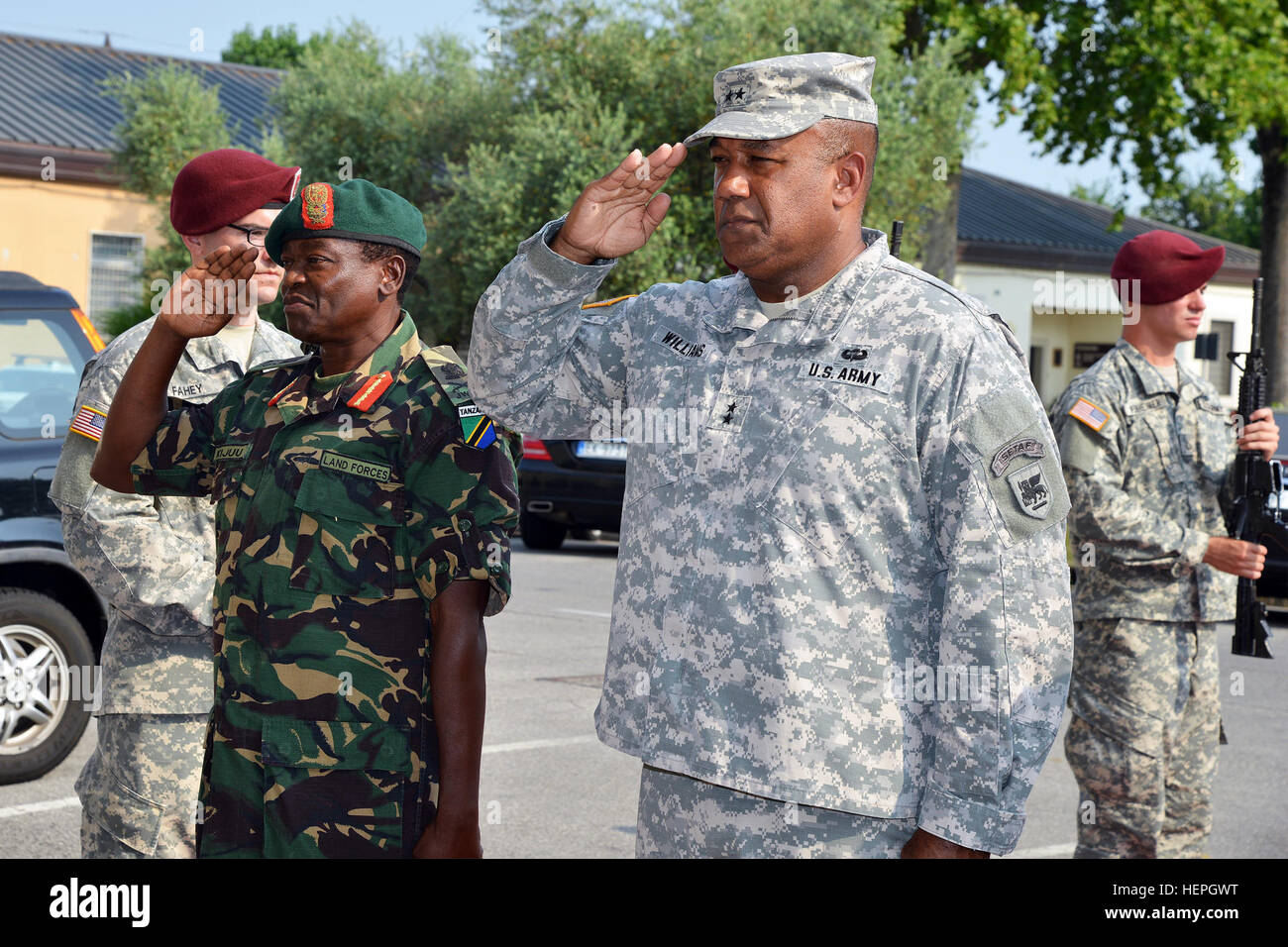 Major General Salim Mustafa Kijuu, Land Forces commander Tanzania People’s Defence Force, with Maj. Gen. Darryl A. Williams, U.S. Army Africa commanding general, during visit at Caserma Ederle in Vicenza, Italy, July 7, 2015. (Photo by Visual Information Specialist  Paolo Bovo) Maj. Gen. Salim Mustafa Kijuu visits at Caserma Ederle in Vicenza, Italy, July 7,2015 150707-A-JM436-049 Stock Photo