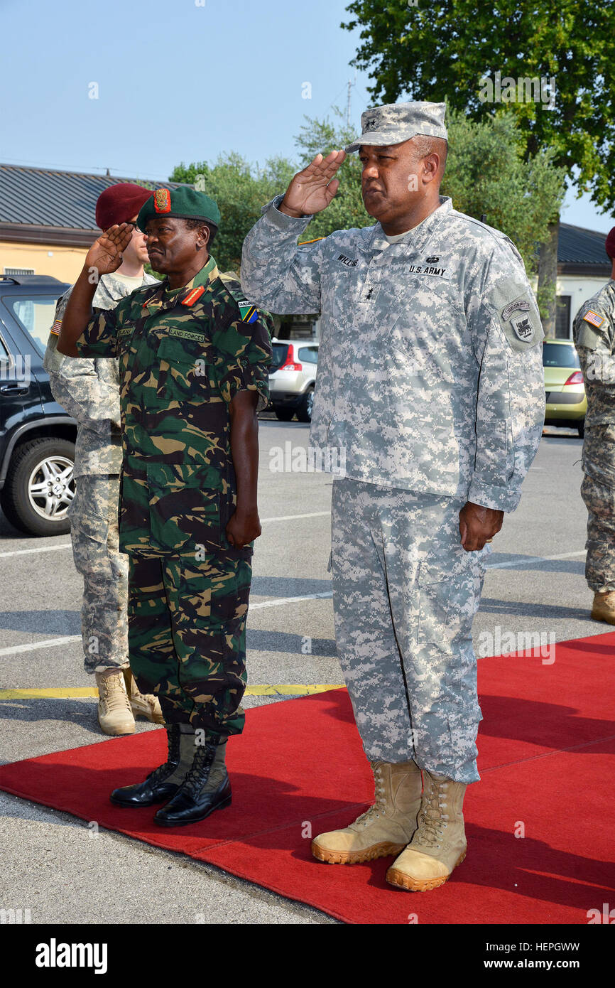 Maj. Gen. Salim Mustafa Kijuu, Land Forces commander Tanzania People’s Defence Force, with Maj. Gen. Darryl A. Williams, U.S. Army Africa commanding general, during visit at Caserma Ederle in Vicenza, Italy, July 7, 2015. (Photo by Visual Information Specialist  Paolo Bovo) Maj. Gen. Salim Mustafa Kijuu visits at Caserma Ederle in Vicenza, Italy, July 7,2015 150707-A-JM436-054 Stock Photo