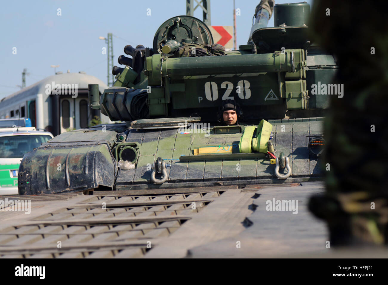 A Soldier From The Czech Army S 73rd Tank Battalion 7th Mechanized Brigade Drives A T 72m4cz Tank Onto A Flatbed Trailer At The Train Station In Parsburg Germany Aug 3 The Tanks Were