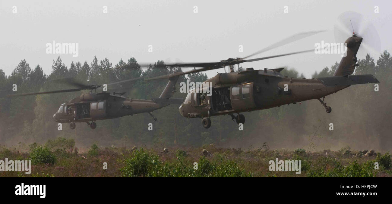 U.S. Army Soldiers assigned to Dog Company, 1st Battalion, 503rd Infantry Regiment, 173rd Infantry Brigade Combat Team (Airborne), 4th Infantry Division, secure a landing zone as two UH-60M Black Hawk Helicopters operated by B Company, 43rd Assault Helicopter Battalion, 3rd Cavalry Regiment, 3rd Infantry Division fly away after dropping off the Soldiers during exercise Ulhan Fury currently being held at the General Silvestras Zlikaliskas Training Area, Pabrade, Lithuania, Aug. 12, 2015. Ulhan Fury is a bilateral military exercise with Lithuanian Land Forces Soldiers assigned to 2nd Coy, Grand  Stock Photo