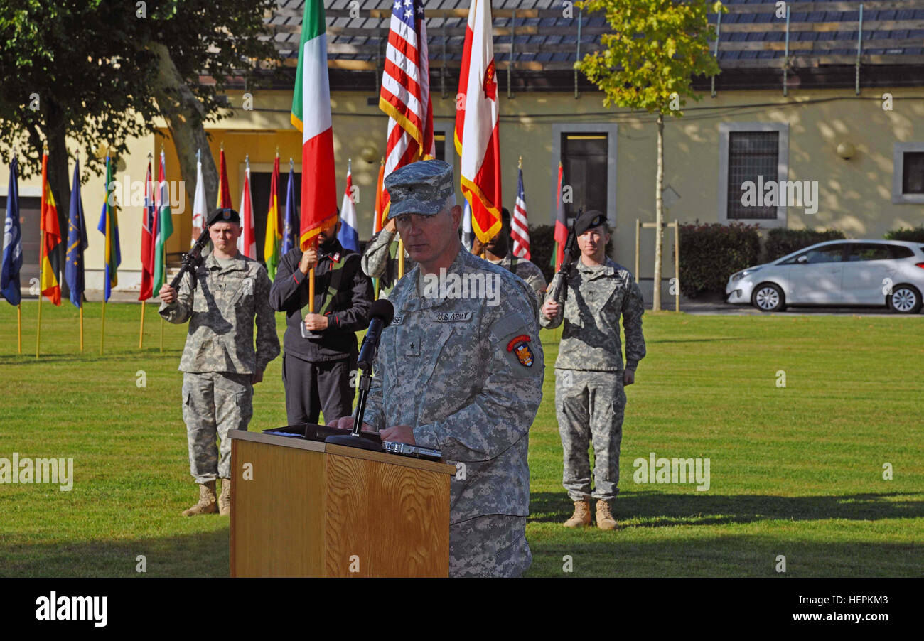 Brig. Gen. Jon A. Jensen, addresses the audience during a patch ceremony at Caserma Ederle, Oct. 23, 2015, Vicenza, Italy. (U.S. Army photo by Visual Information Specialist Antonio Bedin/released) Patch ceremony for Brig. Gen. Jon A. Jensen, Caserma Ederle, Vicenza, Italy 151023-A-YG900-232 Stock Photo