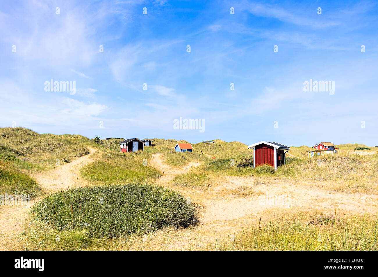 Cabins on Mellby Beach in Laholm, Halland County, Sweden. Stock Photo