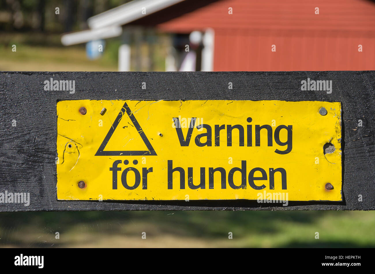 Warning sign which says BEWARE OF THE DOG in Sweden in Swedish language. Stock Photo
