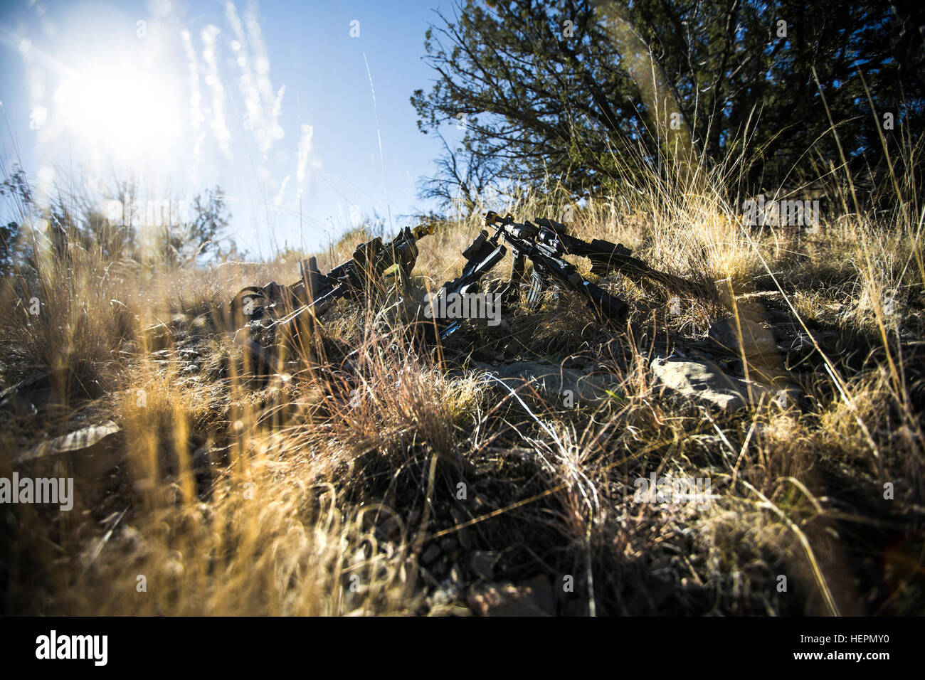 M4 rifles are stacked next to the site of a makeshift shelter during the survival lane as part of the Desert Warrior school, Iron Training Detachment, 1st Armored Division at Fort Bliss, Texas, Jan. 20, 2016. Desert Warrior, the newest squad based leadership class in the Army, teaches soldiers how to survive and fight in a desert environment. The 17-day class is the first desert specific Army school since the desert phase of Ranger School was discontinued in 1995. (U.S. Army photo by Staff Sgt. Marcus Fichtl) Desert Warrior survival lane 160120-A-TW035-004 Stock Photo