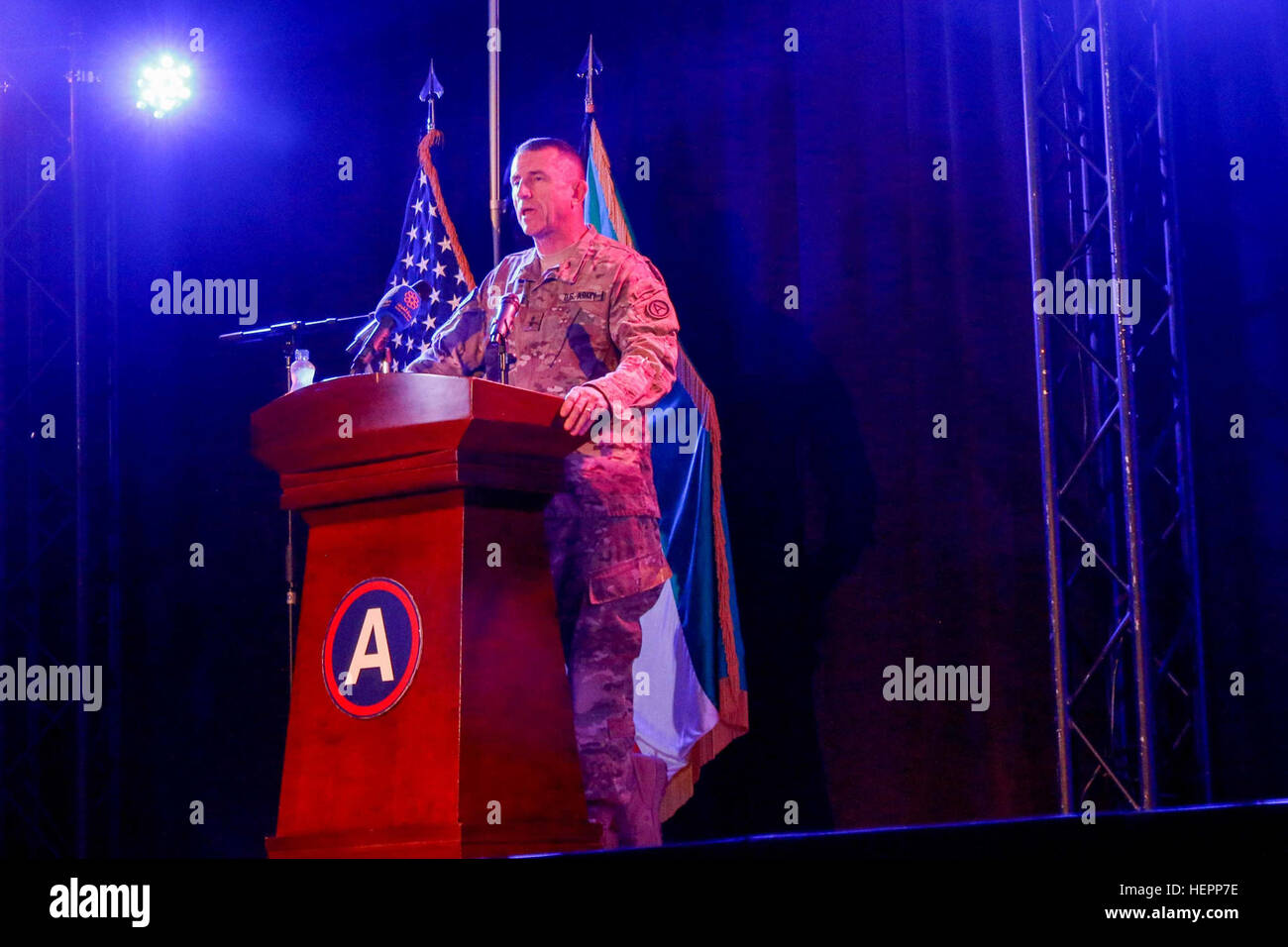 Major Gen. William Hickman, the U.S. Army Central, deputy commanding general-operations, gives a speech before a special screening of “The Liberation of Kuwait, Honoring the Veterans of Desert Storm,' a documentary film commemorating the 25th anniversary of the liberation of Kuwait, at Camp Arifjan, Kuwait, March 9, 2016. Ambassador Douglas Silliman, the U.S ambassador to Kuwait, and Sheikh Salman Sabah Al-Salem Al-Homoud Al-Sabah, Kuwait’s minister of information, attended the event and presented coalition and Kuwaiti veterans of the Gulf War a book commemorating their sacrifice and the liber Stock Photo