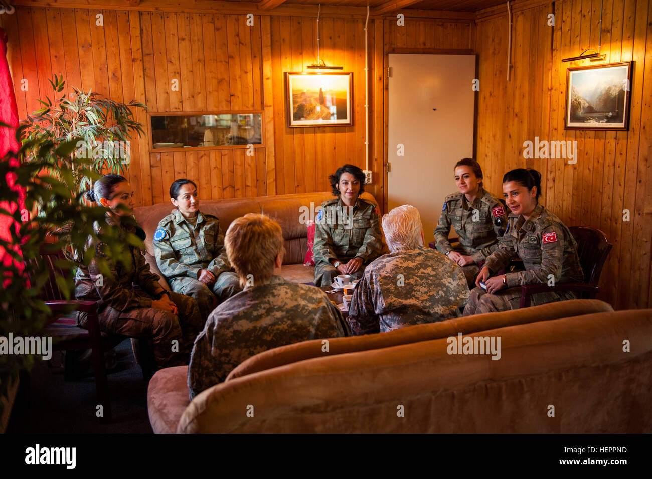 U.S. Army Brig. Gen. Giselle Wilz, NATO Headquarters Sarajevo commander, speaks with female officers of the Turkish Land Forces during a mentoring session at Camp Butmir, Bosnia and Herzegovina, April 7, 2016. Wilz discussed cultural differences, women in the military and gave advice on how to be an effective leader. Wilz plans on hosting more mentoring sessions with militaries of other nations. (U.S. Air Force photo by Staff Sgt. Clayton Lenhardt/Released) 2509286 Female officers of the Turkish Land Forces at Camp Butmir, Bosnia and Herzegovina 2016 Stock Photo
