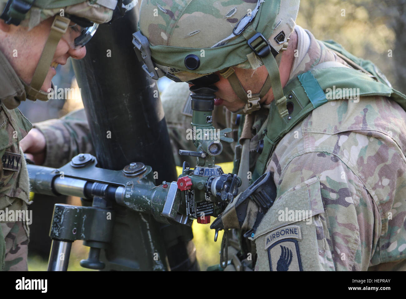 U.S. Soldiers of Bulldog Troop, 1st Squadron, 91st Cavalry Regiment, 173rd Airborne Brigade prepares an M120 mortar system while conducting defensive operations during exercise Saber Junction 16 at the U.S. Army’s Joint Multinational Readiness Center (JMRC) in Hohenfels, Germany, April 19, 2016. Saber Junction 16 is the U.S. Army Europe’s 173rd Airborne Brigade’s combat training center certification exercise, taking place at the JMRC in Hohenfels, Germany, Mar. 31-Apr. 24, 2016.  The exercise is designed to evaluate the readiness of the Army’s Europe-based combat brigades to conduct unified la Stock Photo
