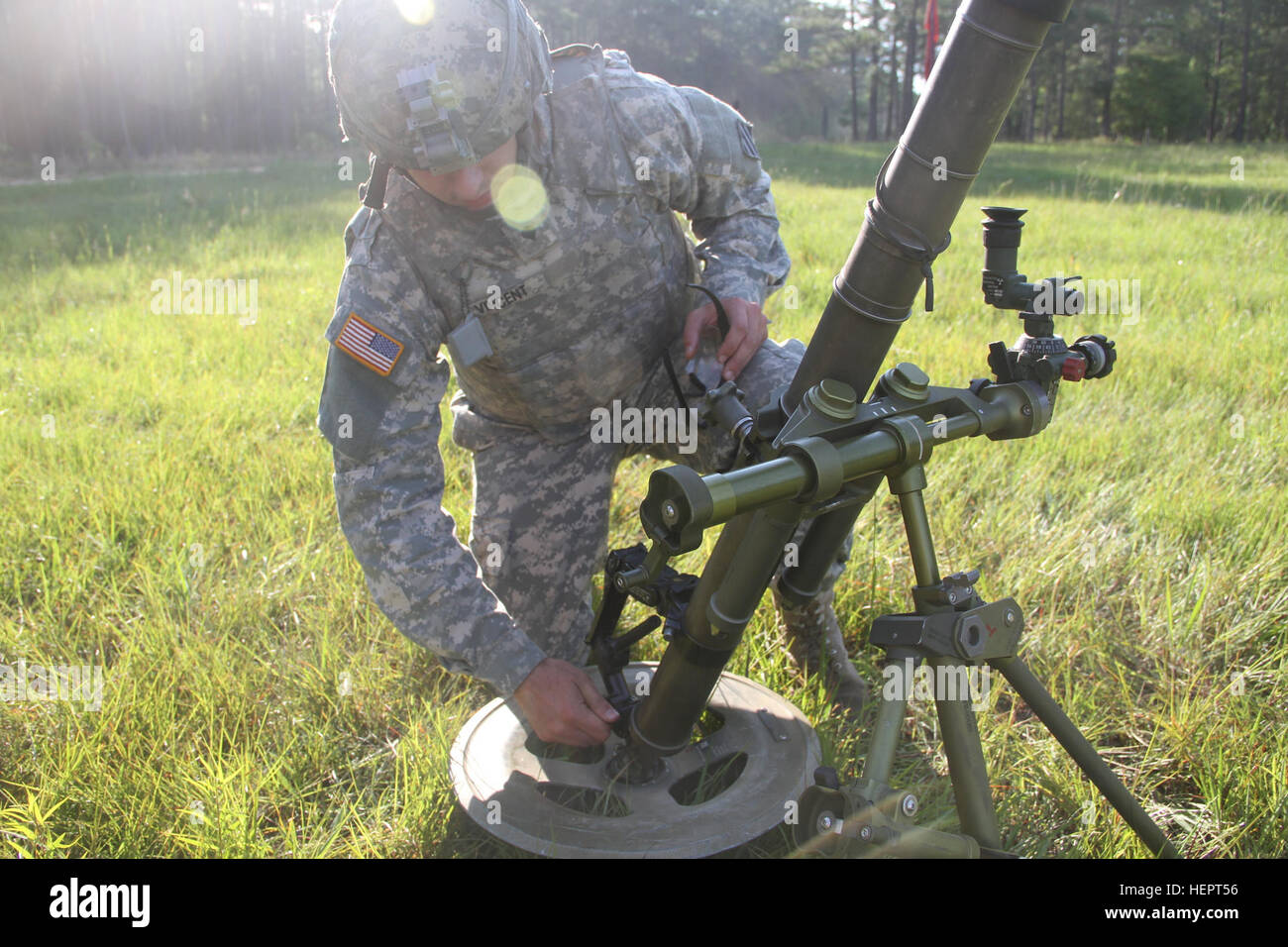 A Soldier of 6th Squadron, 8th Cavalry Regiment, 2nd Infantry Brigade Combat Team, 3rd Infantry Division prepares an M224 60mm mortar at Fort Stewart, Ga., May 10, 2016. Soldiers of 6-8 Cav. provided support by fire to artillery observers for 1st Battalion, 9th Field Artillery, 2nd Infantry Brigade Combat Team, 3rd Infantry Division. (U.S. Army photo by Pfc. Payton Wilson/Released) 6-8 Cav support by fire 160510-A-UM828-007 Stock Photo