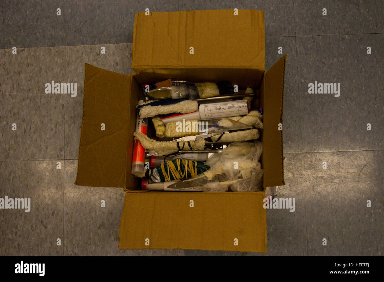 Recovered shanks sit in a box at the Charles Egeler Reception and Guidance Center in Jackson, Michigan, May 15. The shanks helped familiarize the U.S. Army Reserve Soldiers assigned to the 303rd Military Police Company with the realism of prison functions.The MPs were also taught inmate control by the corrections officer trainers at the local facility. The training is in place to augment their detainee operations in preparation for an upcoming deployment to Guantanamo Bay, Cuba. (U.S. Army photo by Sgt. Audrey Hayes) Penitentiary 160515-A-KE966-050 Stock Photo