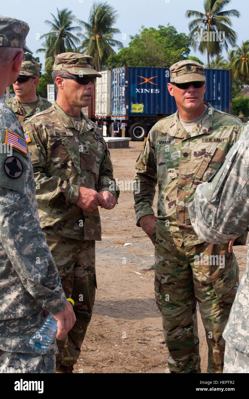 U.S Army Brig. Gen. Gregrey Bacon of the Arkansas National Guard visits the medical readiness clinic in La Blanca, Guatemala, May 24,2016. Task Force Red Wolf and Army South conducts Humanitarian Civil Assistance Training to include tatical level construction projects and medical readiness Training Exercises providing medical access and building schools in guatemala with the Guatamalan Government and non government agencies from 05Mar16 to 18JUN16 in order to improve the mission readiness of US Forces and to provide a lasting benefit to the people to Guatemala. (U.S. Army photo by SPC Kristen  Stock Photo