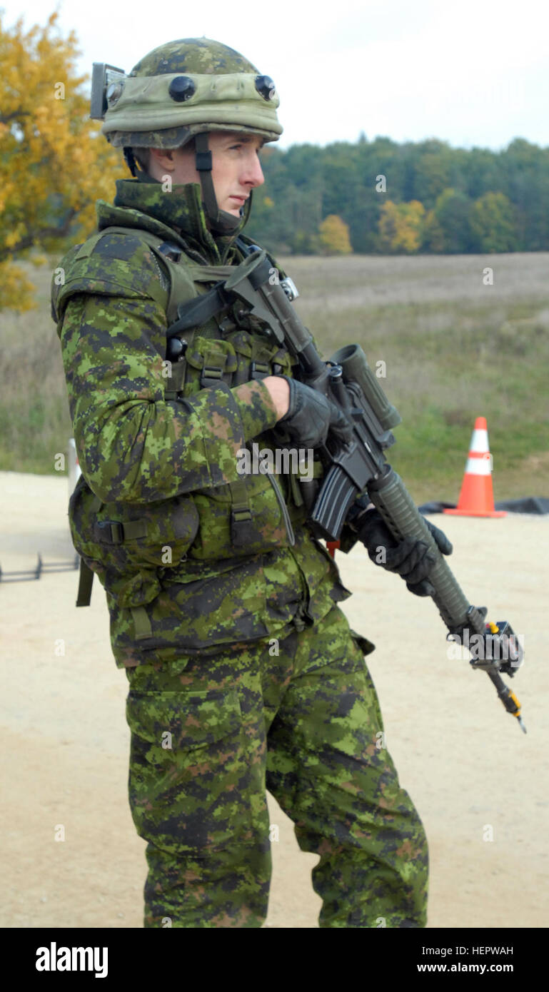 Cpl. Luke Osbourne, a military police officer with the 2nd Battalion, Royal Canadian Regiment, monitors traffic at a vehicle check point during training at the Joint Multinational Readiness Center, near Hohenfels, Germany, Sept. 30.  The Soldiers are as part of America, Britain, Canada, Australia and New Zealand's interoperability test Cooperative Spirit 2008. Canadian Field Training 119659 Stock Photo