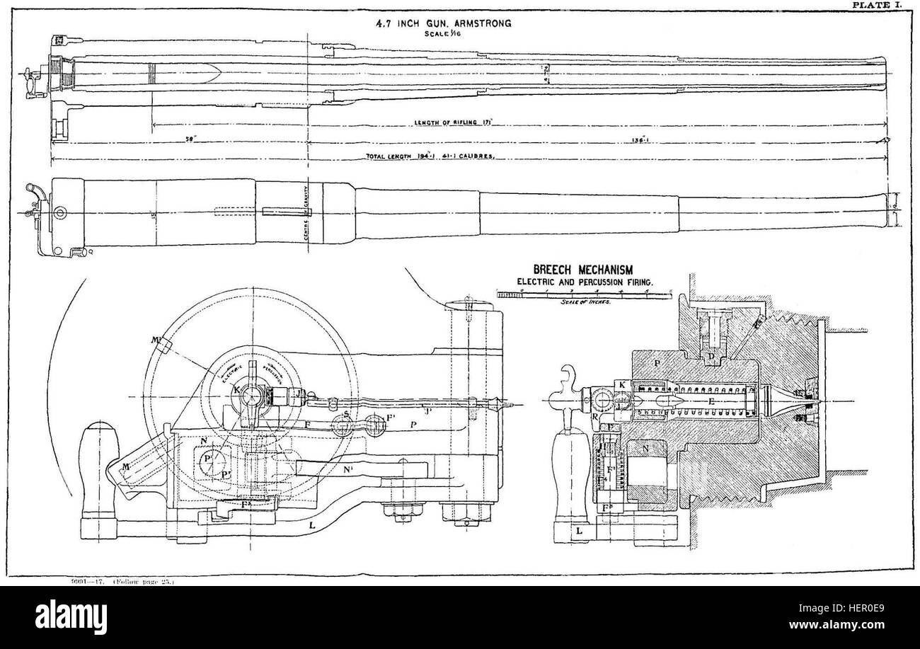 QF 4.7 inch Armstrong gun barrel and breech diagrams Stock Photo Alamy
