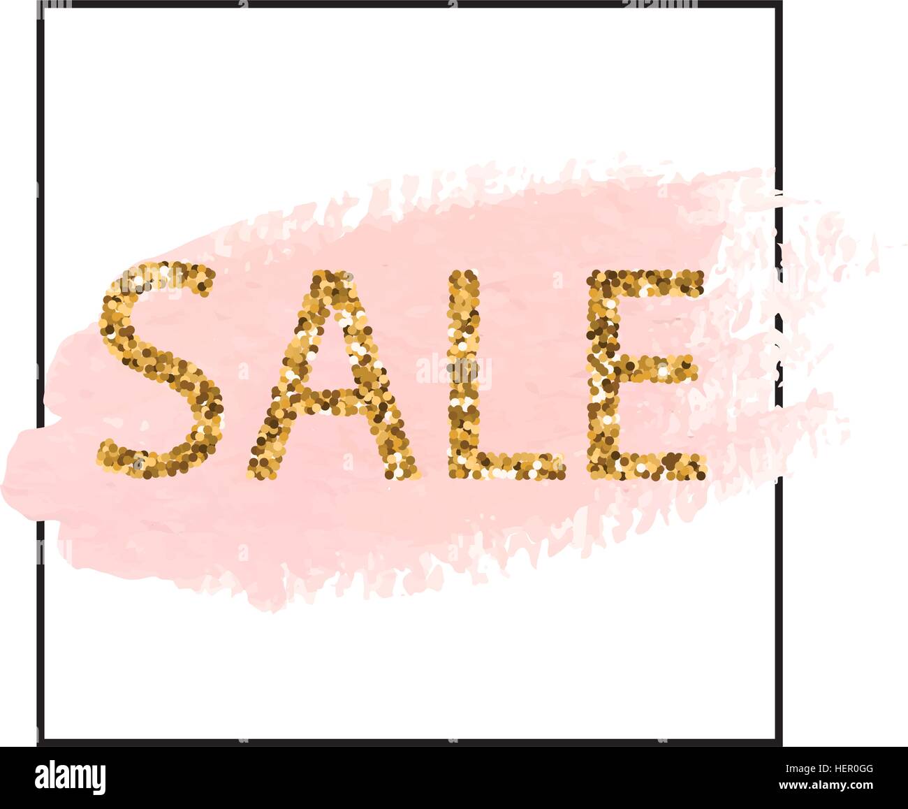 Golden Sale lettering in frame. Pastel pink watercolor background. For flyer, poster, shopping sign, discount, marketing, selling, banner web social m Stock Vector
