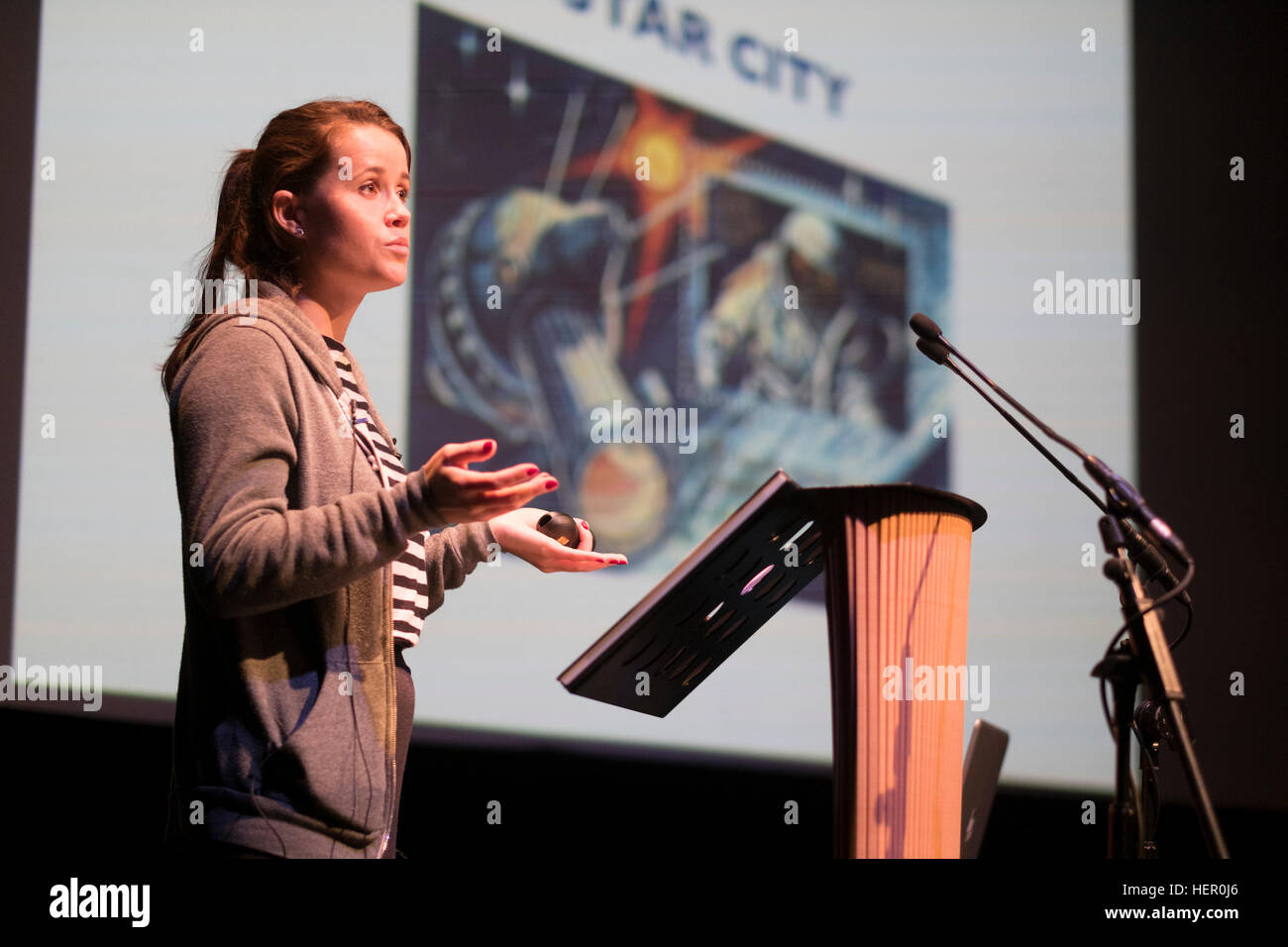 Young Russian photographer Maria Gruzdeva, speaking about her projects 'Space City' and 'Borders' at The Eye Festival of Documentary photography Aberystwyth Arts Centre, Wales UK Stock Photo
