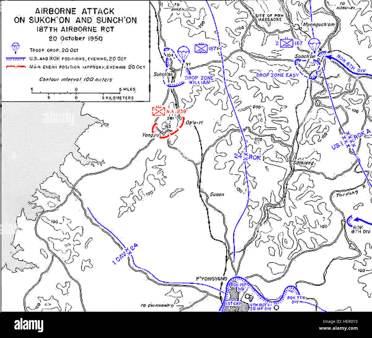 The map depicts the 187th Regimental Combat Team's airborne assault on ...