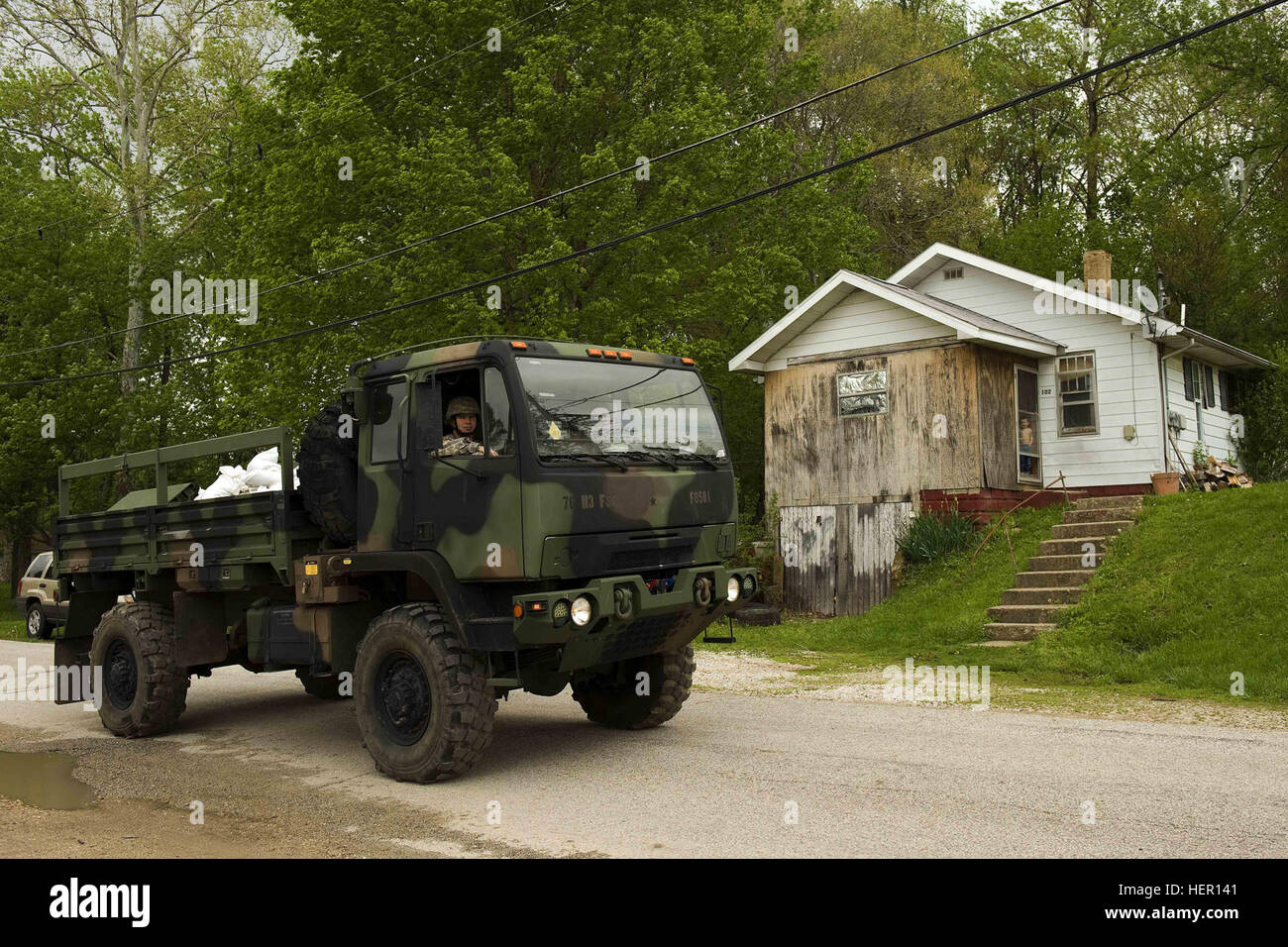 An Indiana National Guard truck stages in Winslow, a small town on the