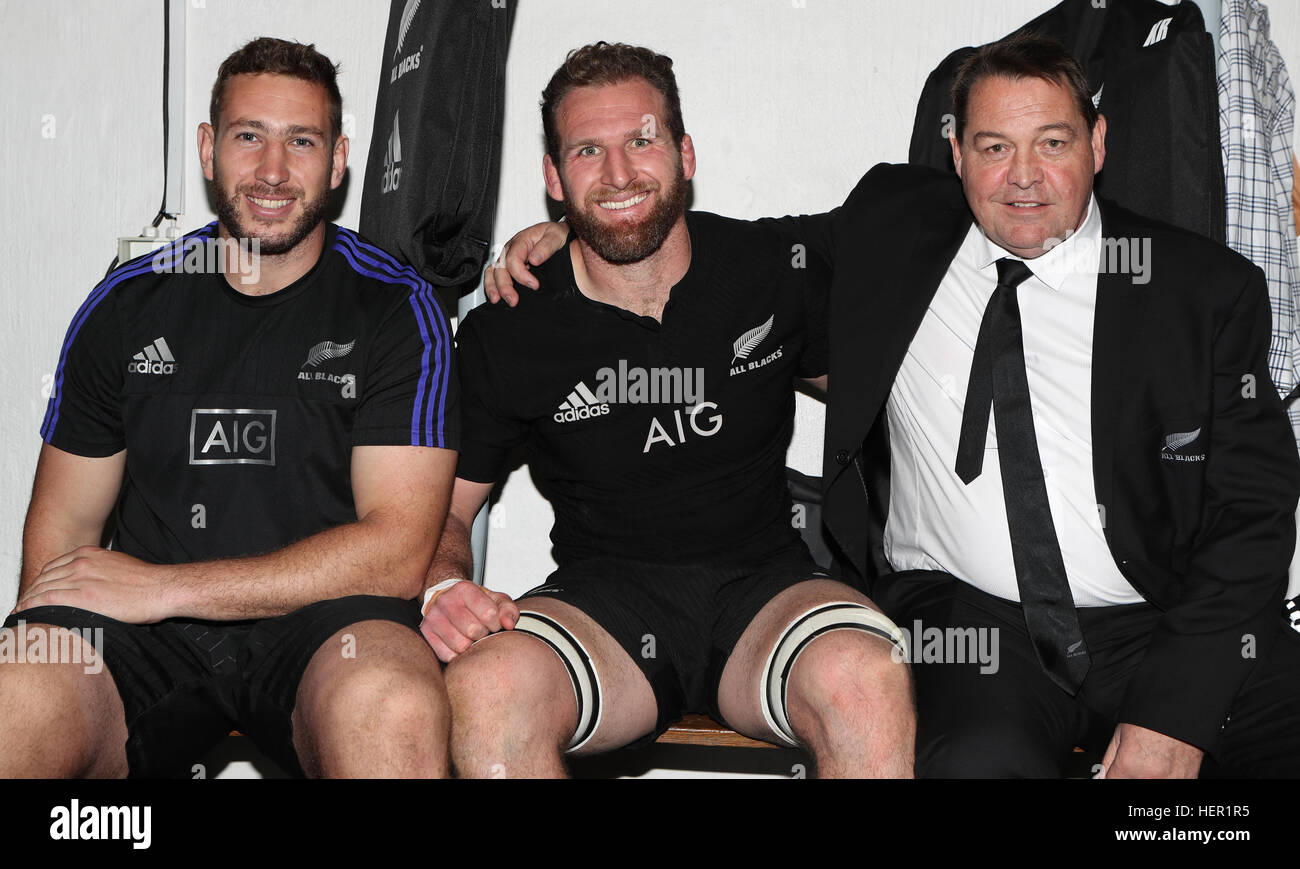 DURBAN, SOUTH AFRICA - OCTOBER 08: Luke Romano with Kieran Read (captain) of New Zealand and Steve Hansen (Head Coach) of New Zealand during the The Stock Photo