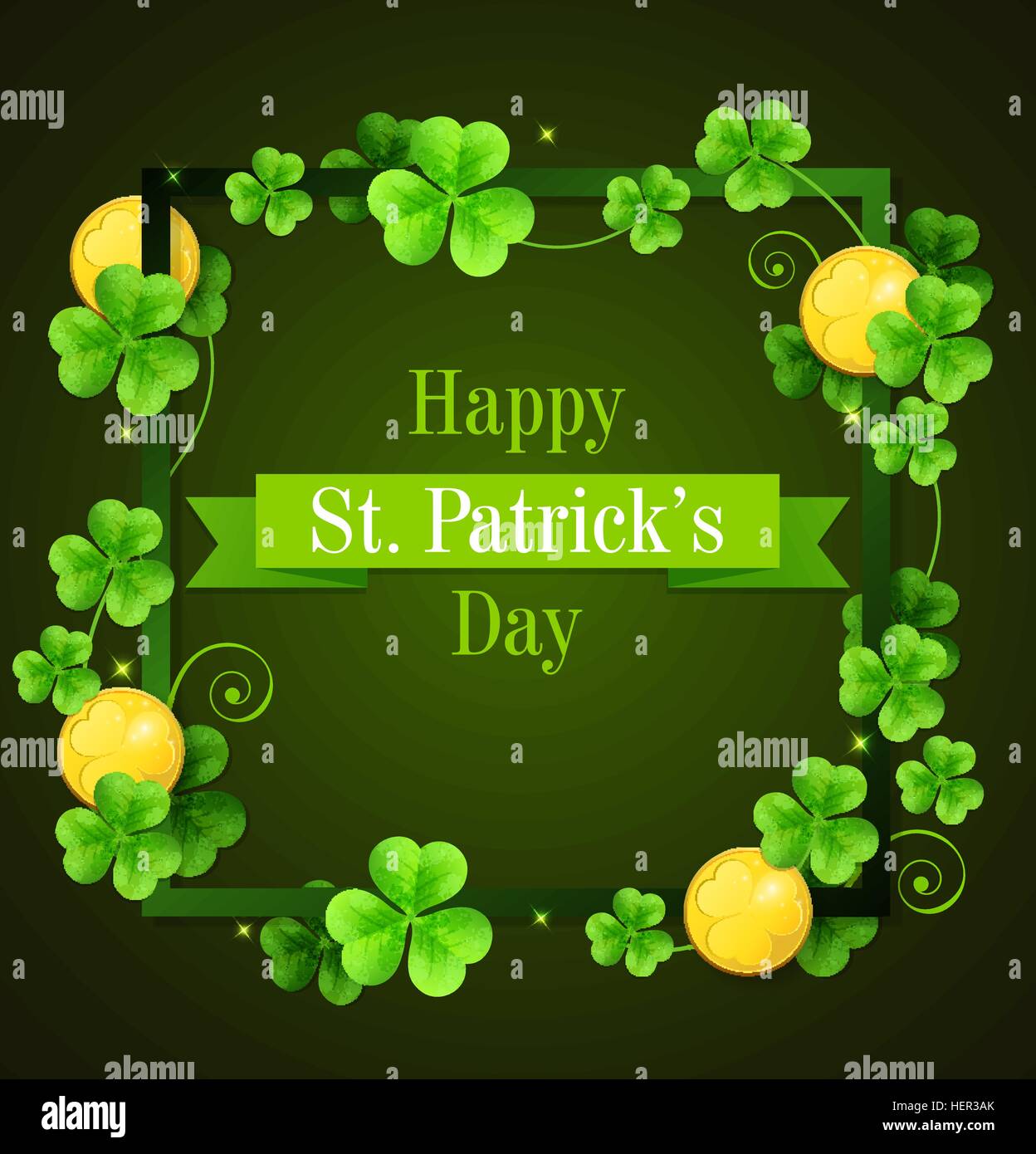 Clover leaves and golden coins on a green background. Card for St ...