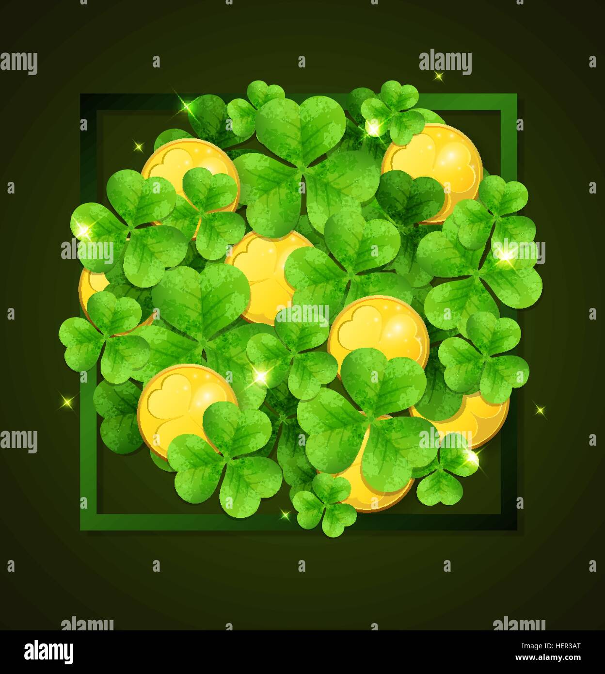 Clover leaves and golden coins on a green background. Card for St ...