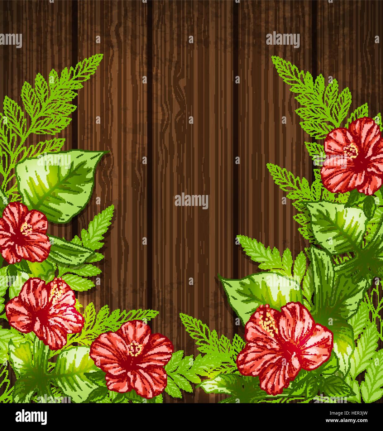Summer background with green tropical leaves and flowers. Vector ...