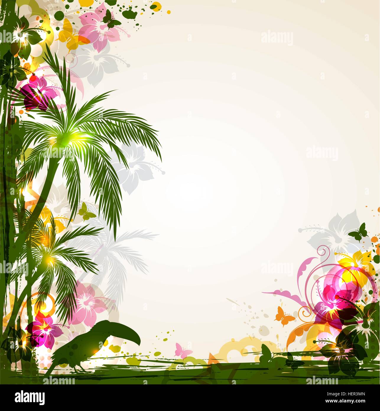 Vector bright tropical background with palms and toucan. Summer ...