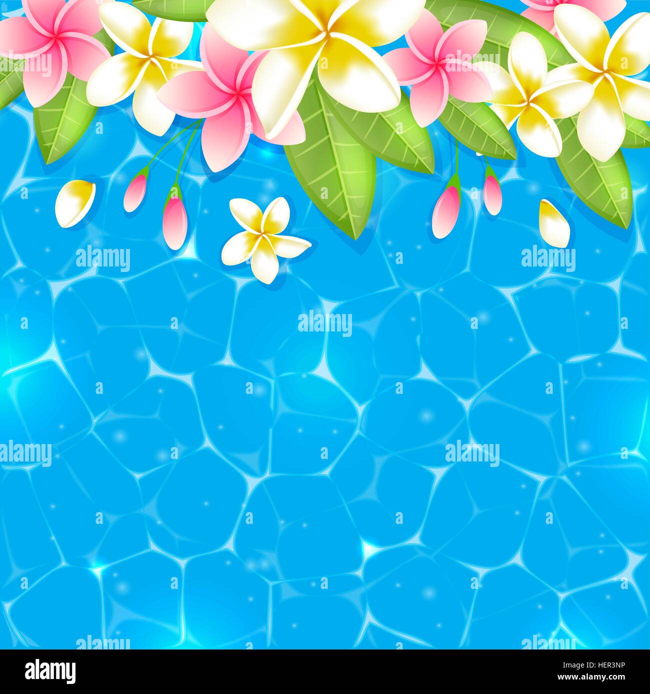 Tropical summer background with flowers and leaves in blue water. Pink
