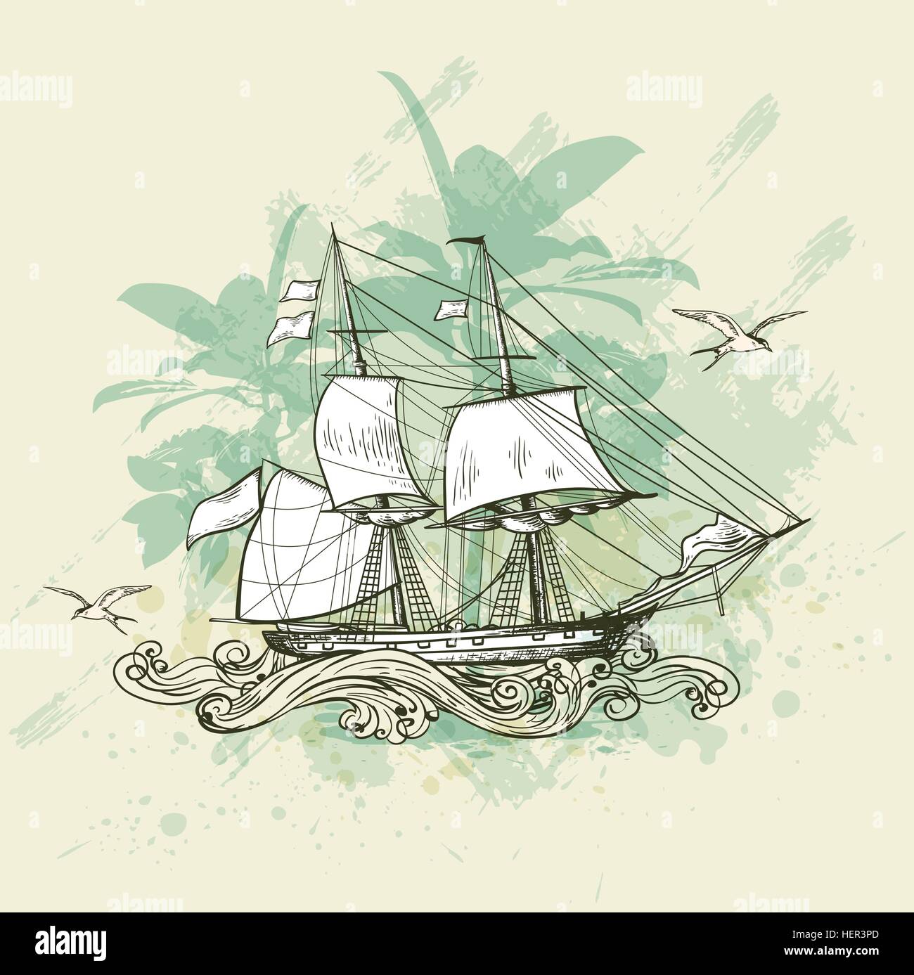 Vintage vector background with sailing vessel Stock Vector Image & Art ...