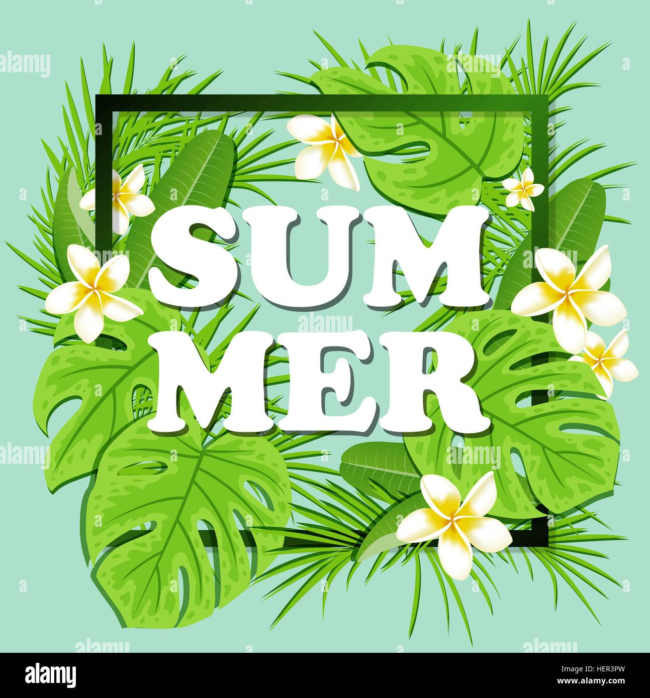 Vector summer floral frame with tropical plants and flowers. Green ...