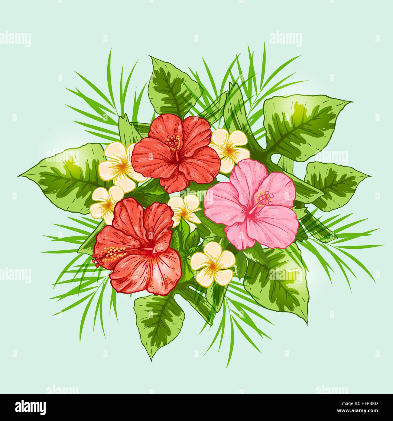 Bouquet of tropical flowers on a green background. Hand drawn vector ...