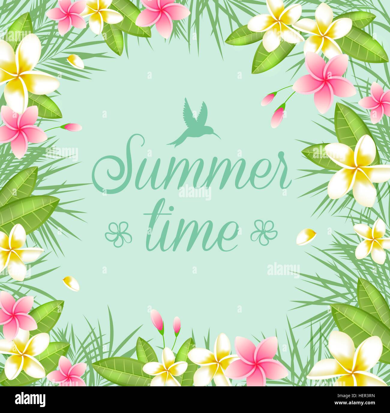 Tropical leaves and flowers on a green background. Vector summer floral ...