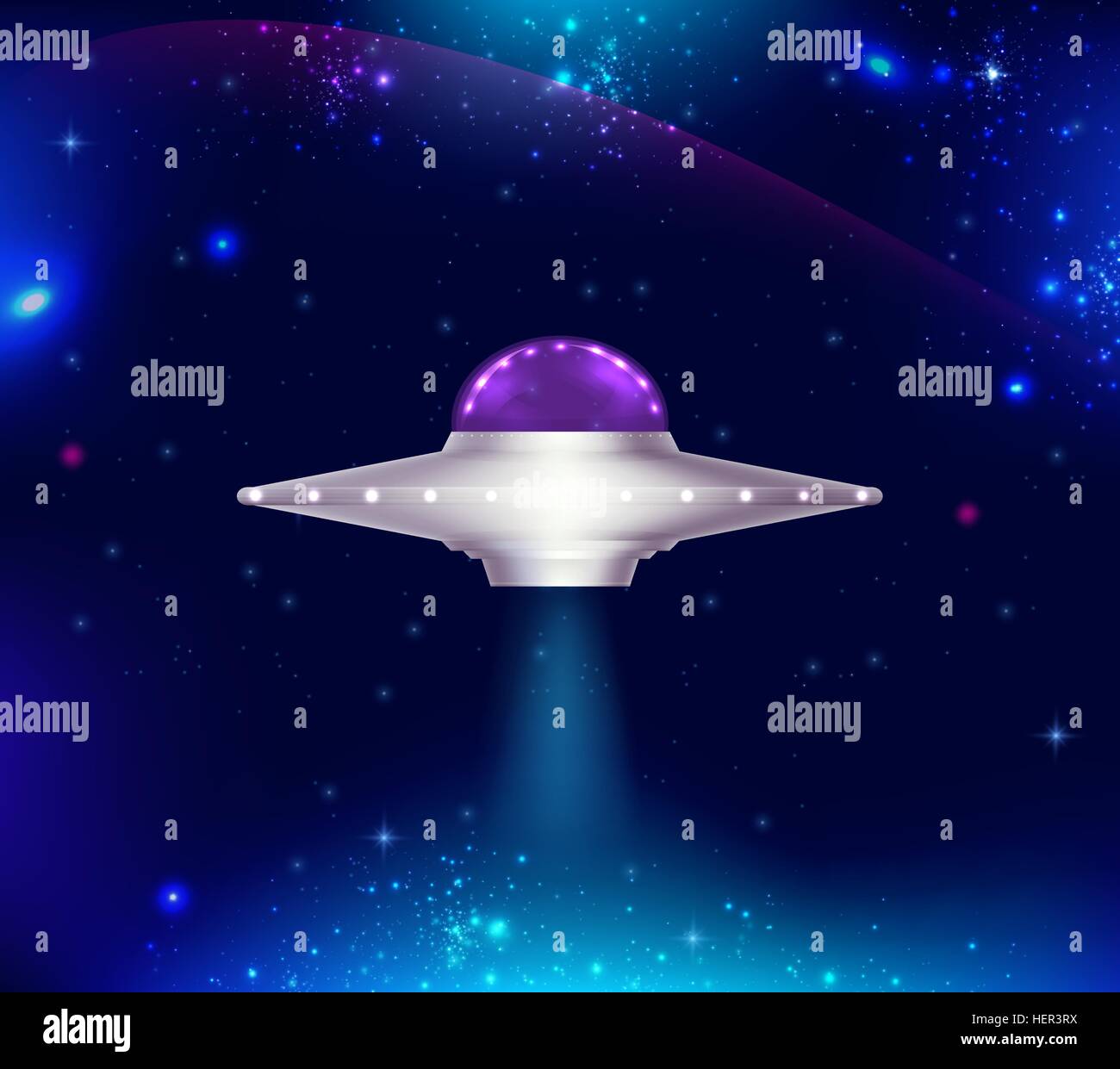 Fantastic background with UFO flying in space and shining stars Stock ...