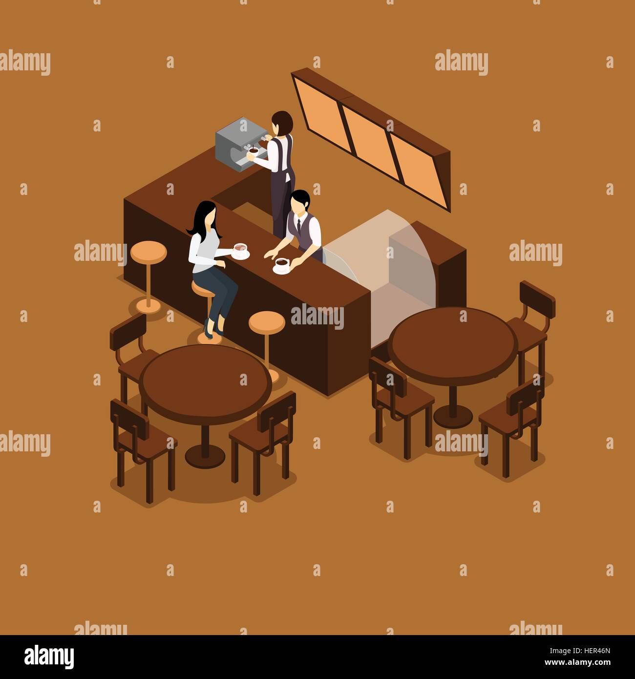 Waitress Isometric Illustration . Waitress barista making coffee for people in a cafe isometric vector illustration Stock Vector