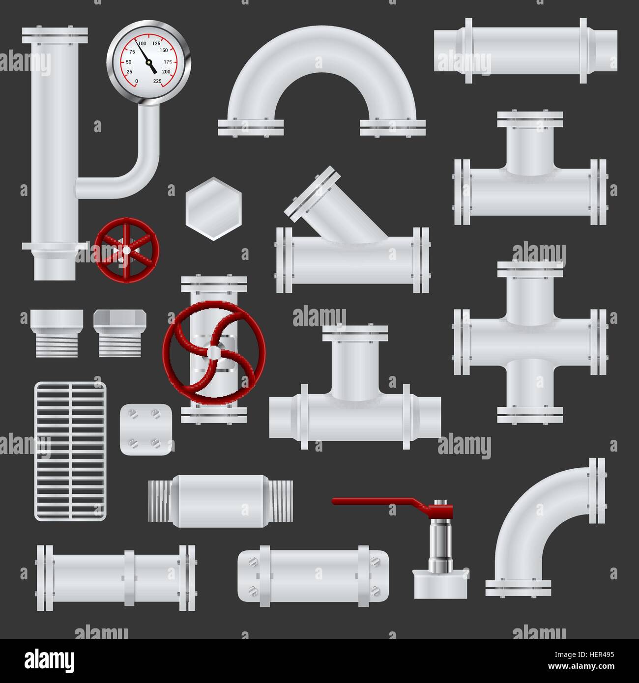 Realistic pipeline elements. Realistic pipeline realistic icons set