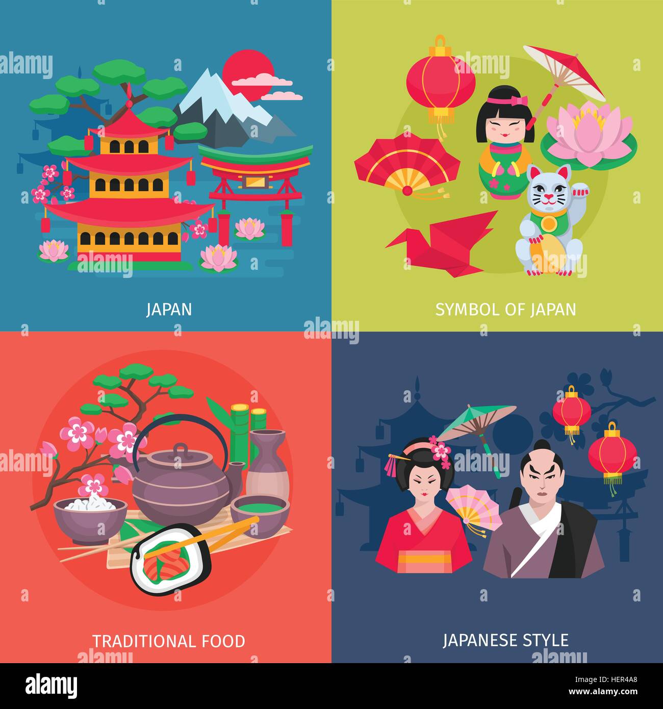 Japanese Symbols 4 Flat Icons Square. Japanese style kimono and traditional food symbols 4 flat icons square colorful banner Stock Vector