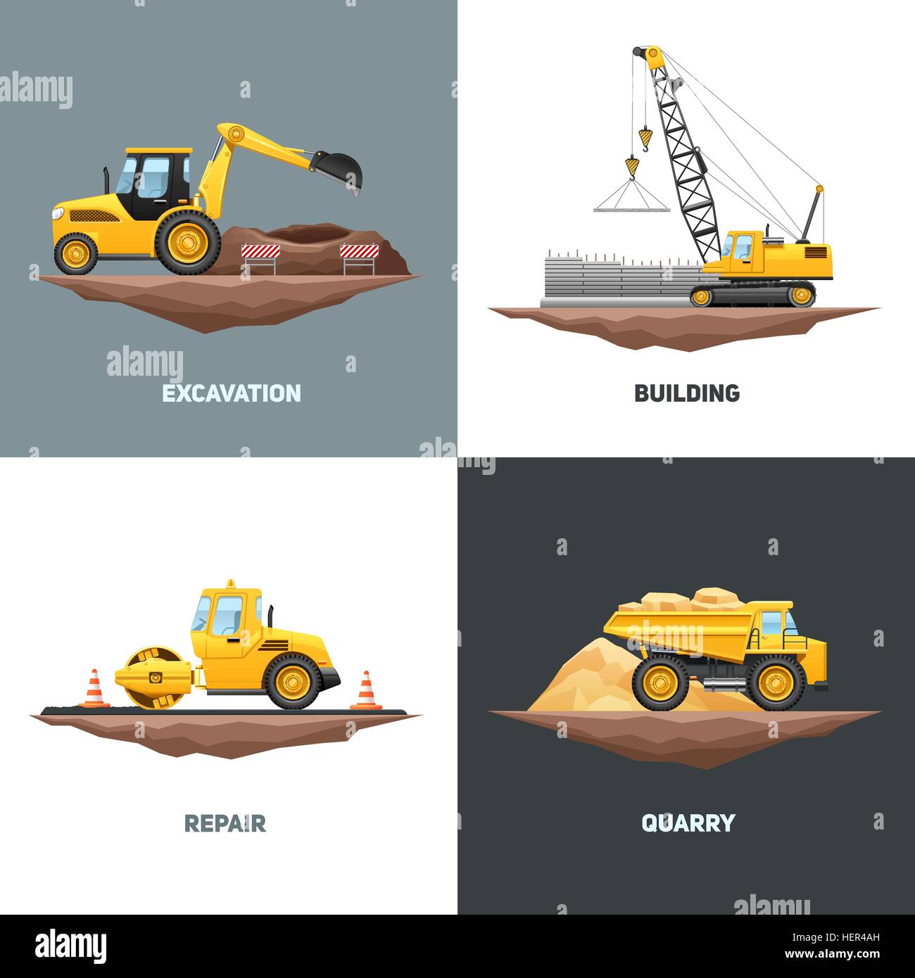 Construction Machinery 4 Flat Icons Square. Building construction ...
