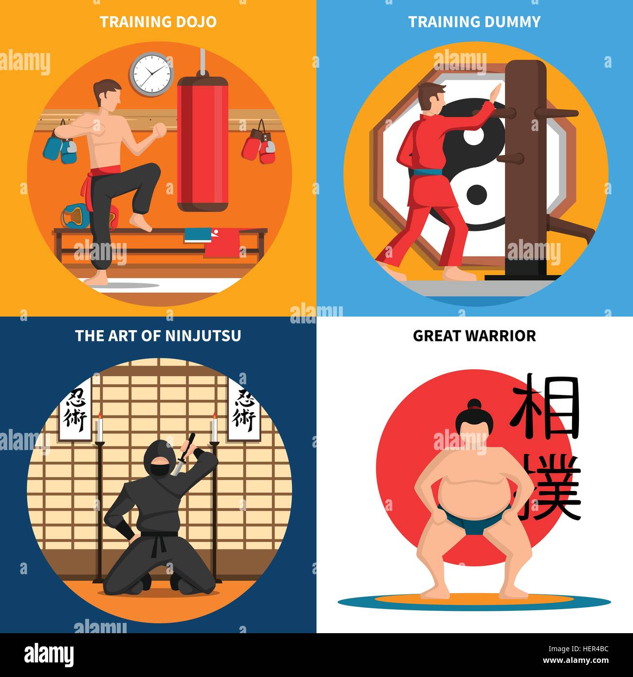 Martial Arts Concept Icons Set. Martial arts concept icons set with training and art of ninjutsu symbols flat isolated vector Stock Vector