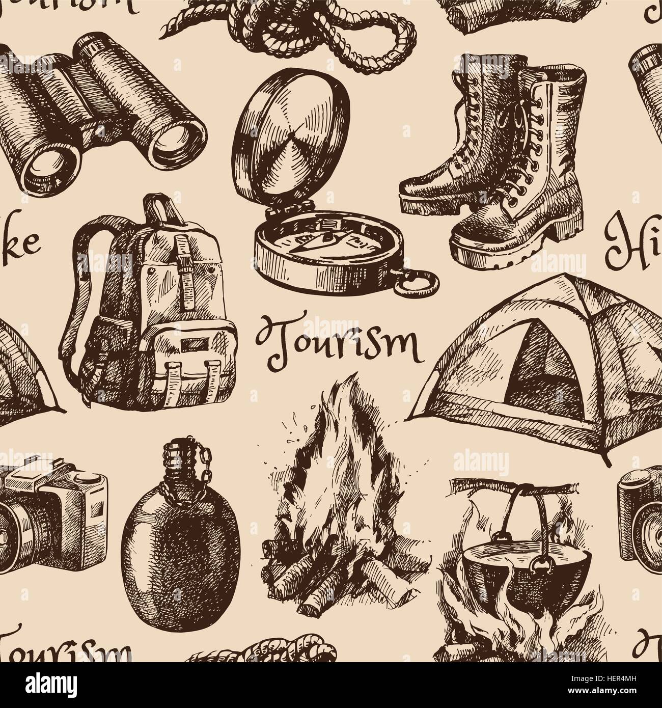 Hike and camping tourism hand drawn vintage seamless pattern. Vector ...
