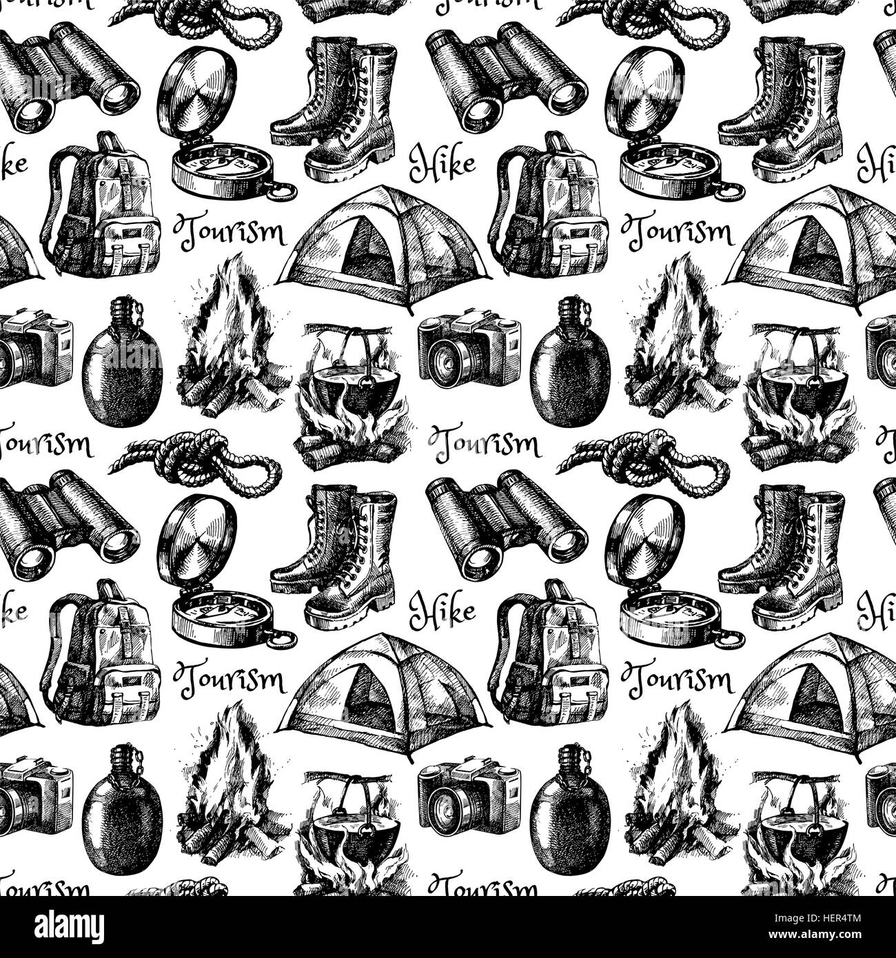 Hike and camping tourism hand drawn vintage seamless pattern. Vector ...