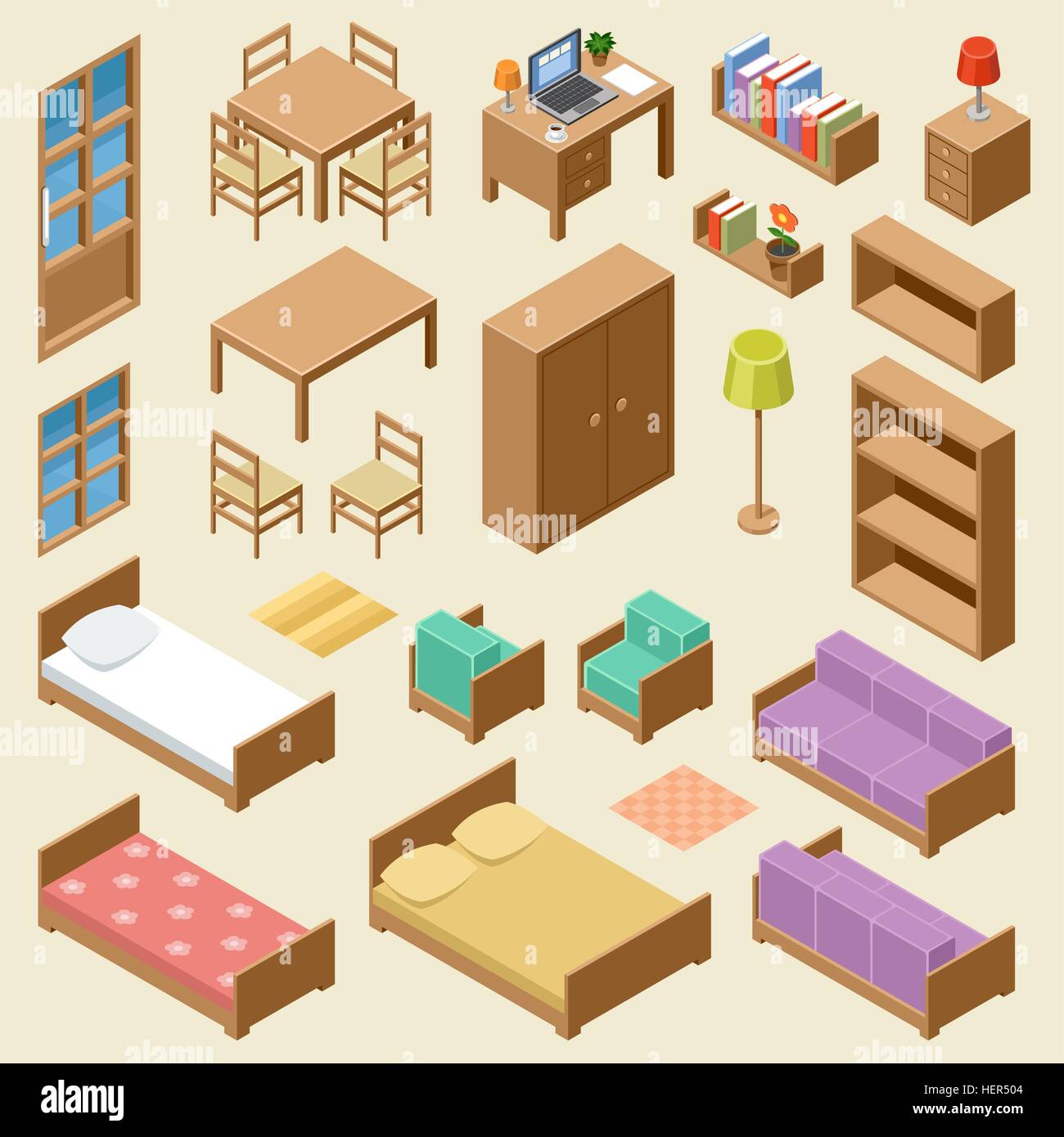 Vector set of isometric furniture on the beige background Stock Vector ...
