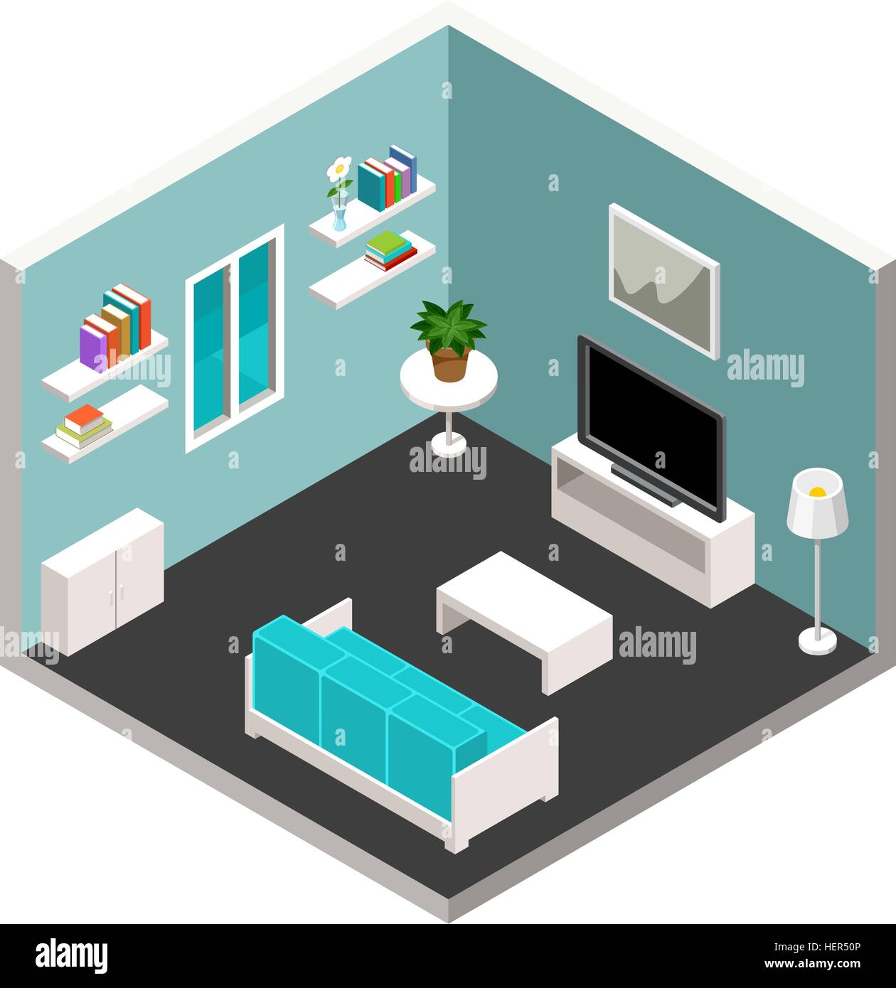 Vector interior of the isometric room with furniture Stock Vector Image ...