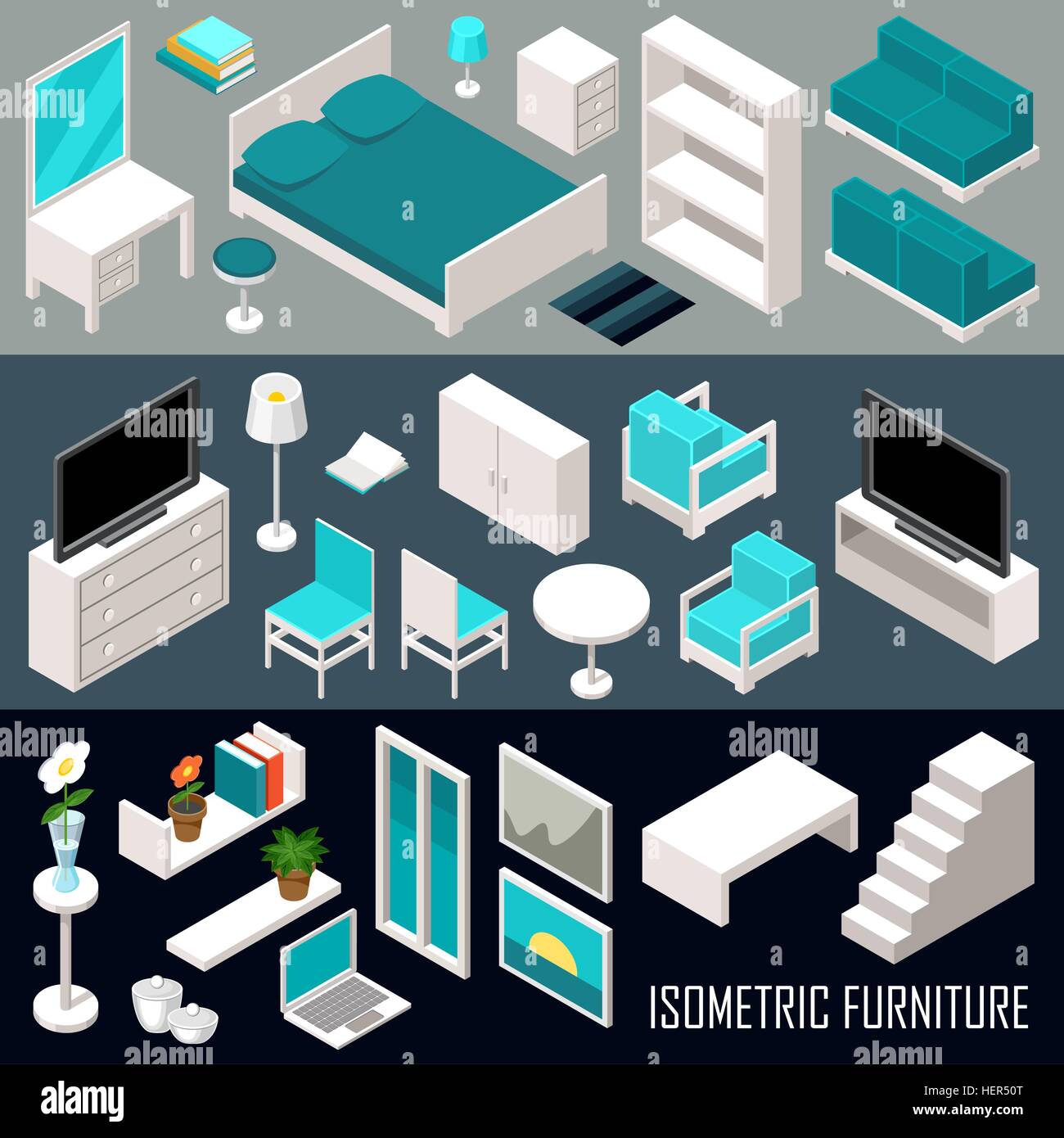 Vector isometric furniture set on the dark background Stock Vector ...