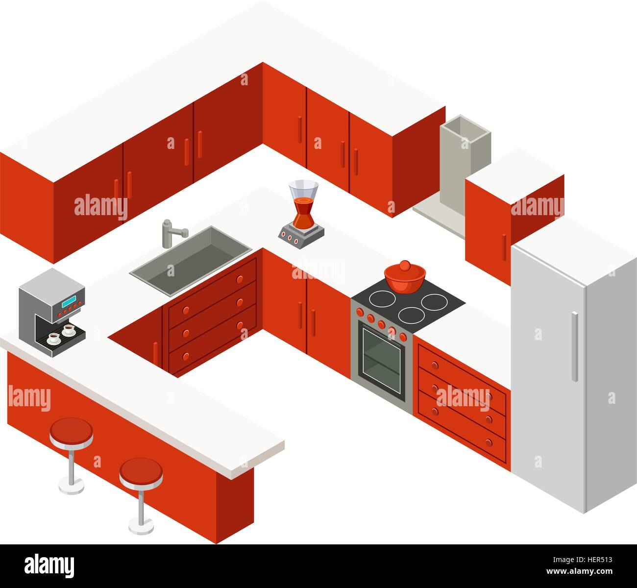 Vector isometric kitchen with red furniture Stock Vector Image & Art ...