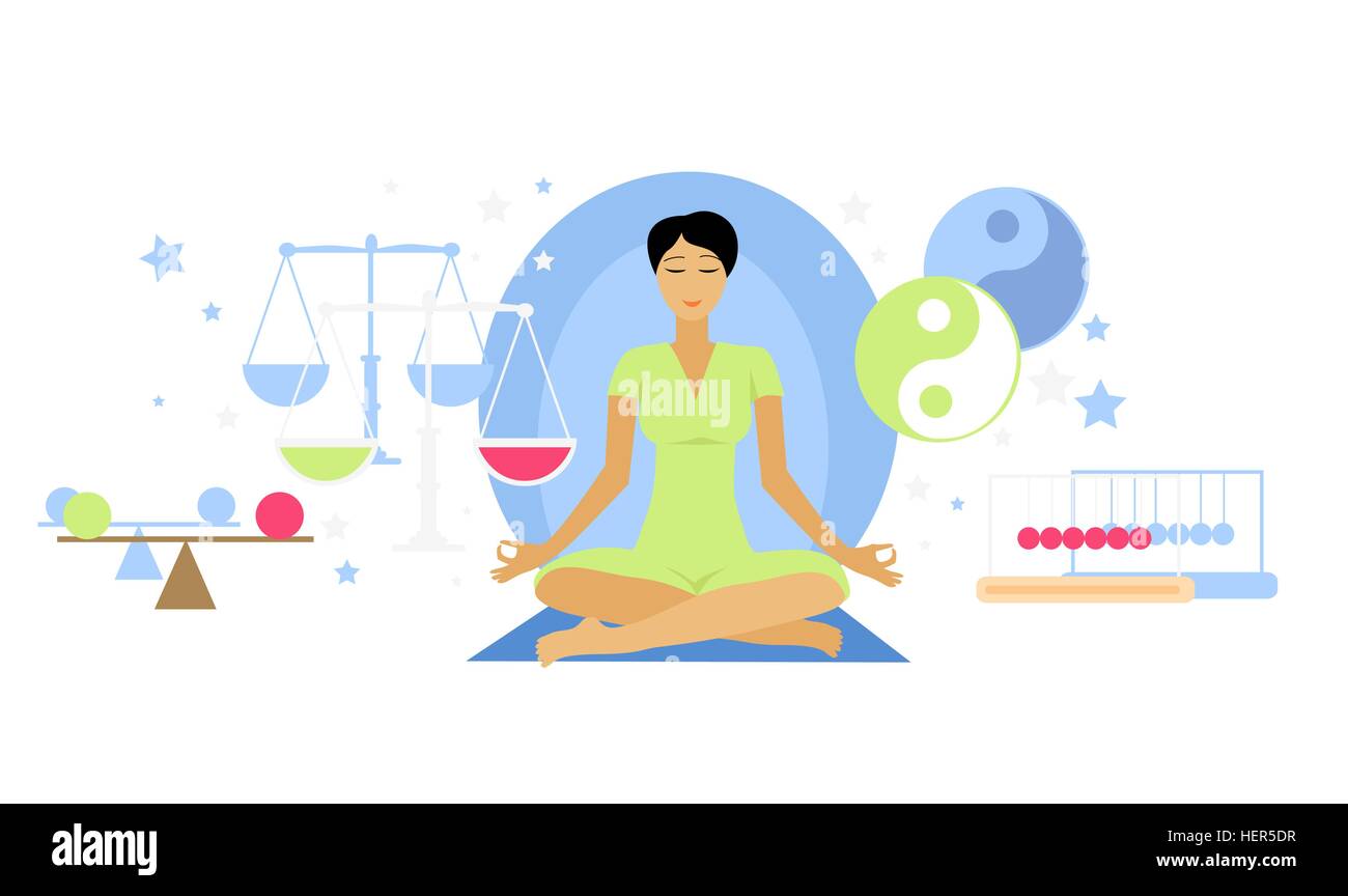 Balanced state woman icon flat isolated.  Person meditation yoga, healthcare and mood, expression feeling mental, pose relax, Stock Vector
