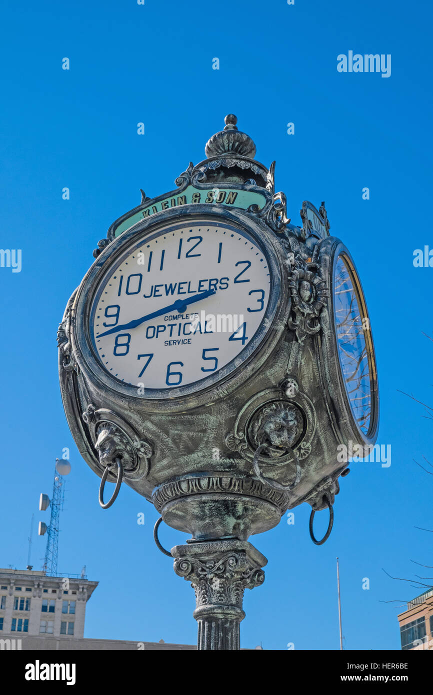 Town Clock in Montgomery, Alabama, USA, advertising Klein and Son Jewelers, erected in 1938. Stock Photo