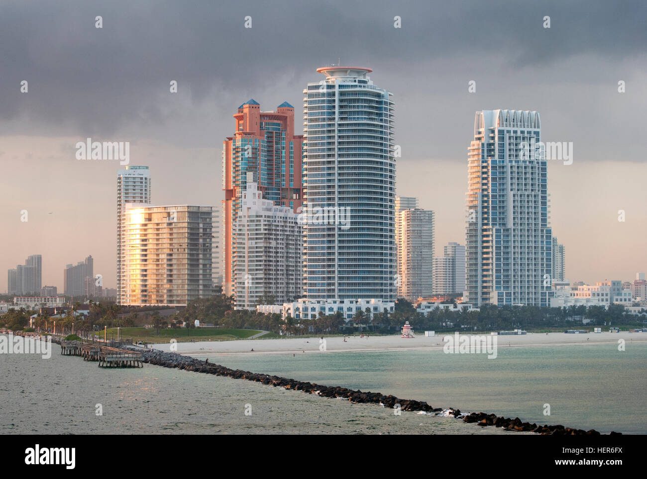 The view of South Pointe Beach in a sunset light (Miami, Florida). Stock Photo