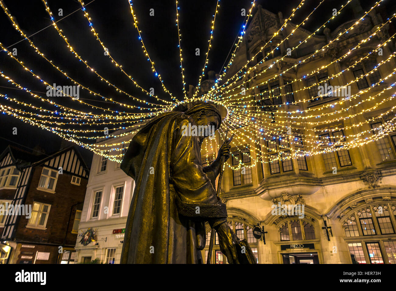 Statue Geoffrey Chaucer at Christmas High Street Canterbury Kent England Stock Photo