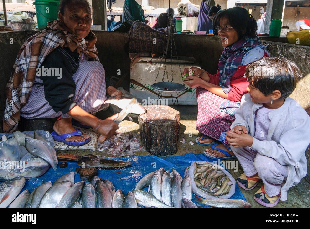 Cherrapunjee: Market; Fish sales, Meghalaya, India Stock Photo