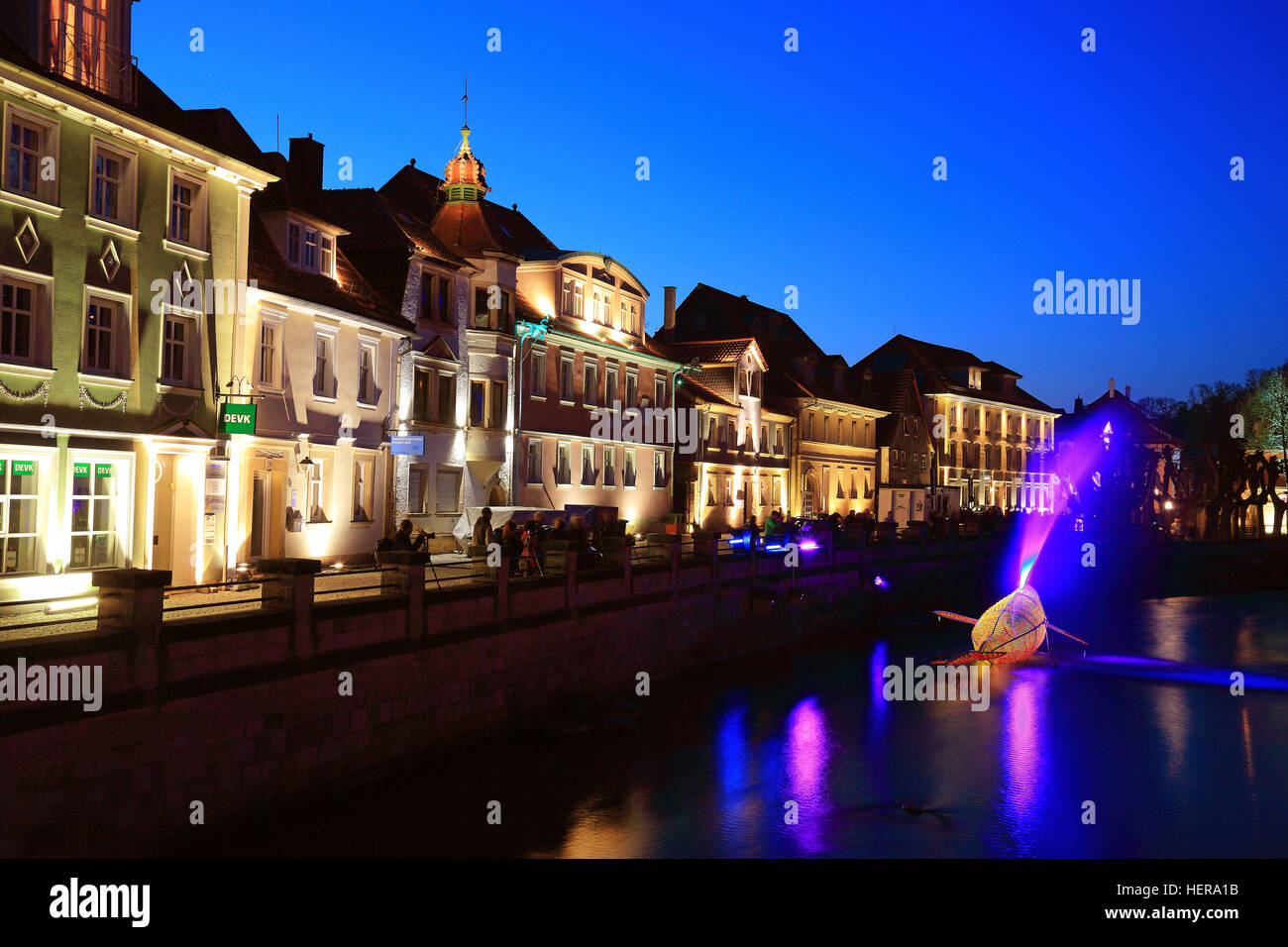 Altstadt an der Hasslach mit Walinstallation, Festival Kronach leuchtet, Kronach, Oberfranken, Bayern, Deutschland Stock Photo